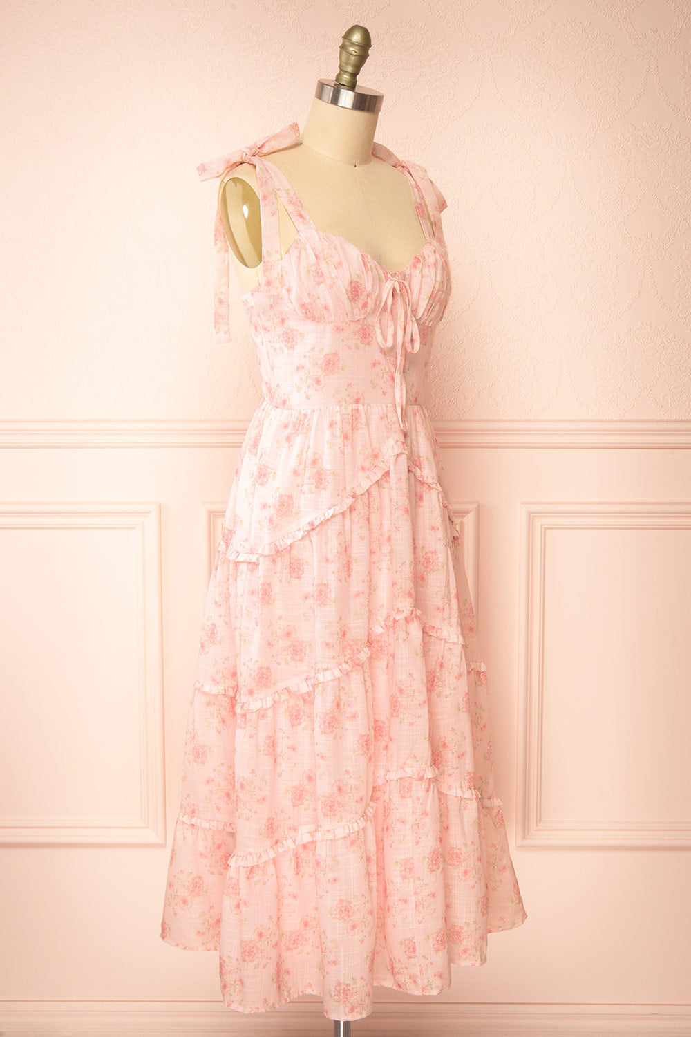 Taylor Midi Pink Floral Dress w/ Bow Straps | Boutique 1861 side view 