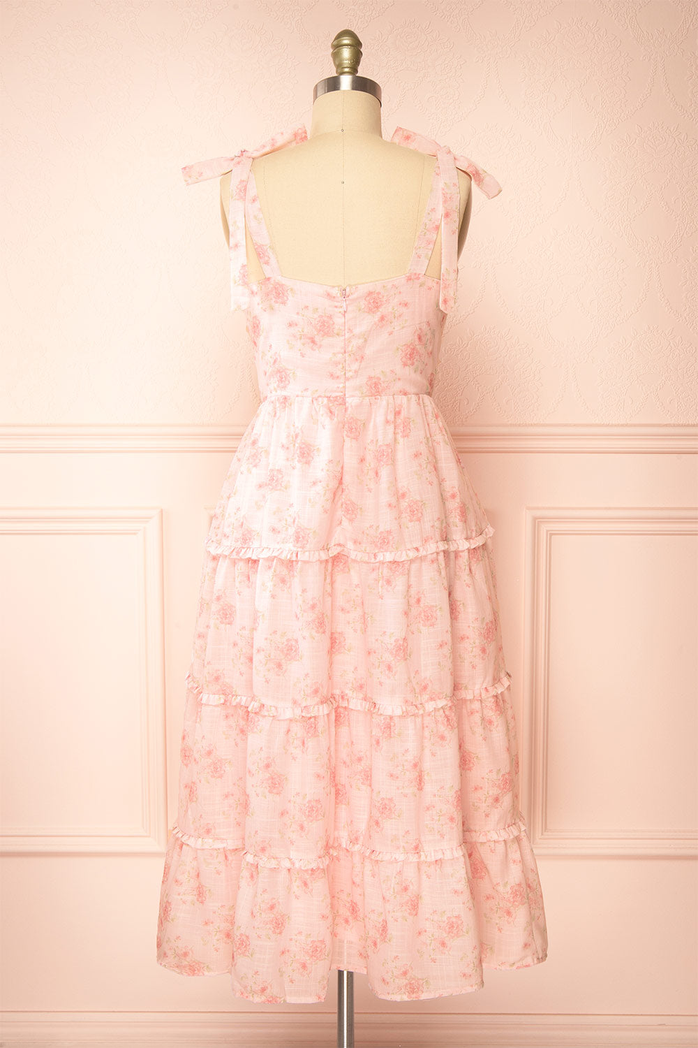 Taylor Midi Pink Floral Dress w/ Bow Straps | Boutique 1861  back view