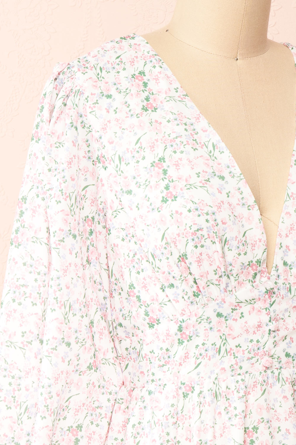 Teca Short Floral Dress w/ Open Back | Boutique 1861 side close-up