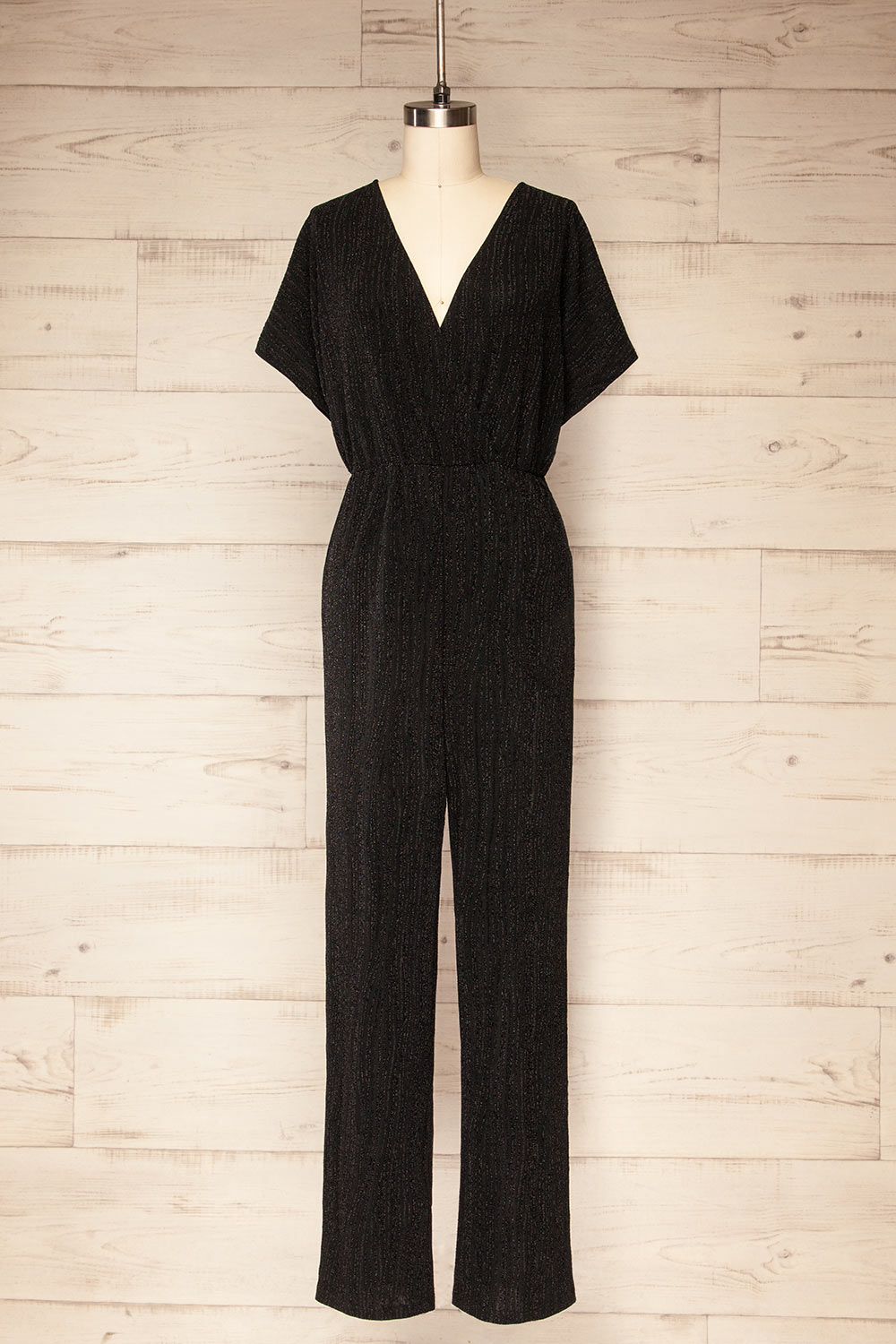 Tenerife Sparkly Black Jumpsuit w/ Short Sleeves | La petite garçonne front view