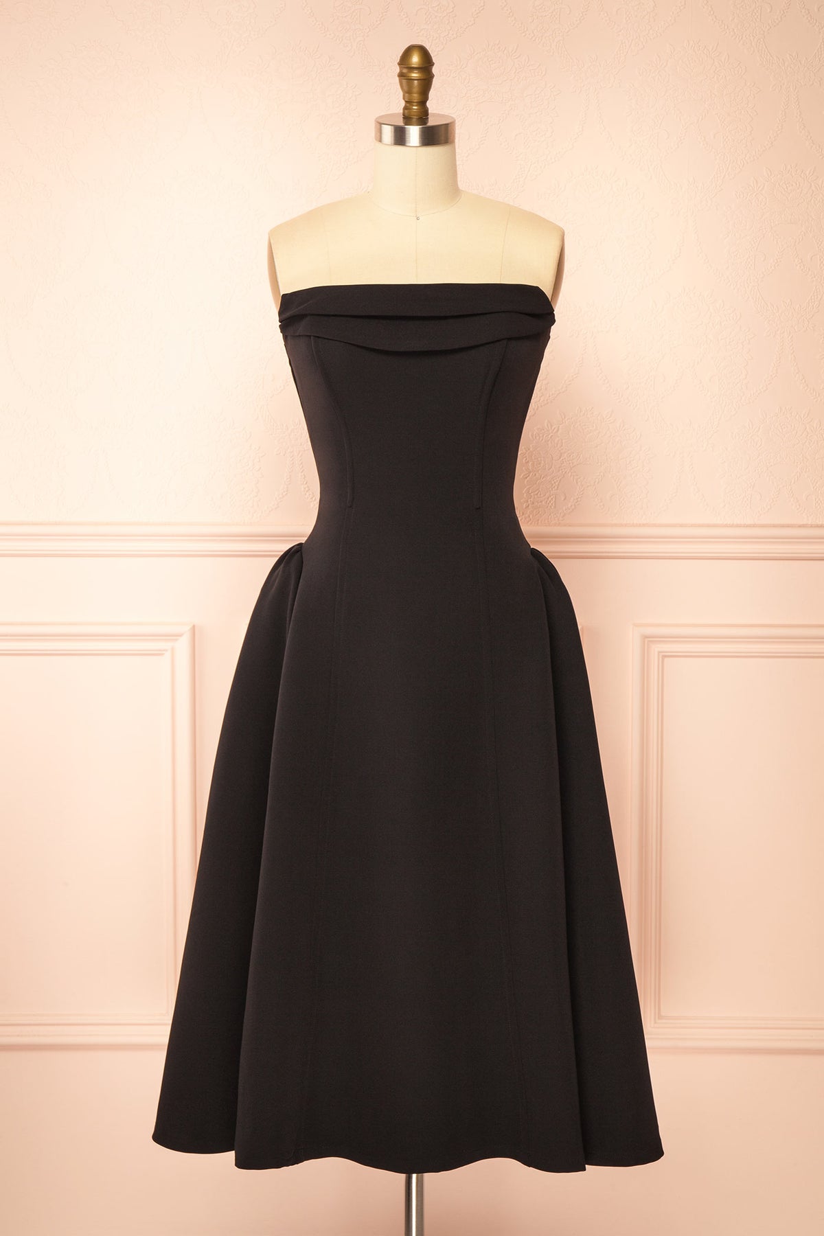 front view of Terside Black A-Line Strapless Midi Dress at Boutique 1861