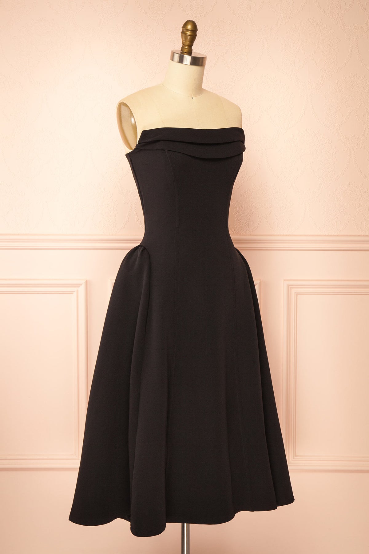 side view of Terside Black A-Line Strapless Midi Dress at Boutique 1861