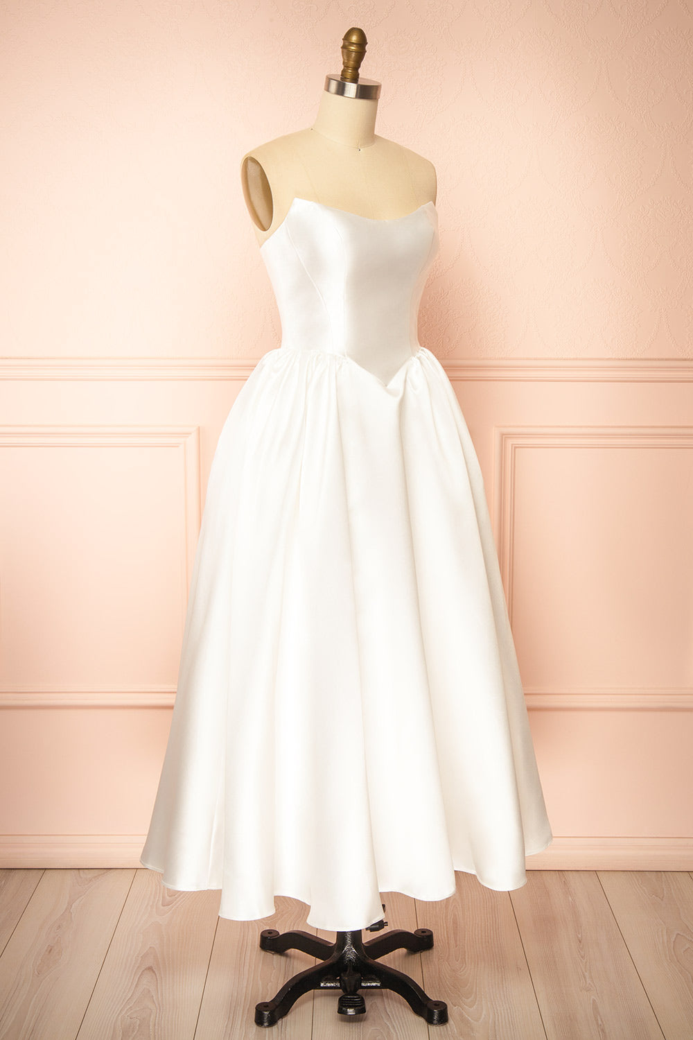 Thalania Long White Satin Dress with Fitted Bodice and Pockets | Boudoir 1861 side view