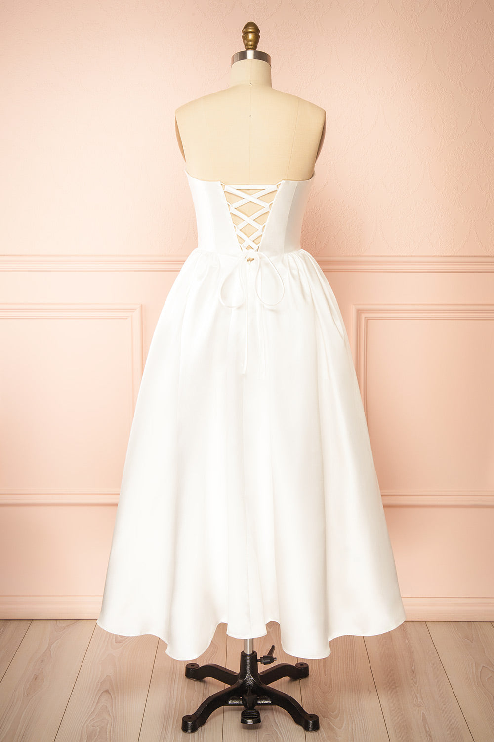 Thalania Long White Satin Dress with Fitted Bodice and Pockets | Boudoir 1861 back view