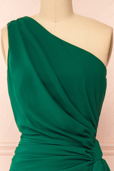 Thaleia Green One Shoulder Maxi Dress w/ High Slit | Boutique 1861 front close-up