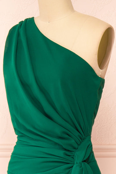 Thaleia Green One Shoulder Maxi Dress w/ High Slit | Boutique 1861 side close-up