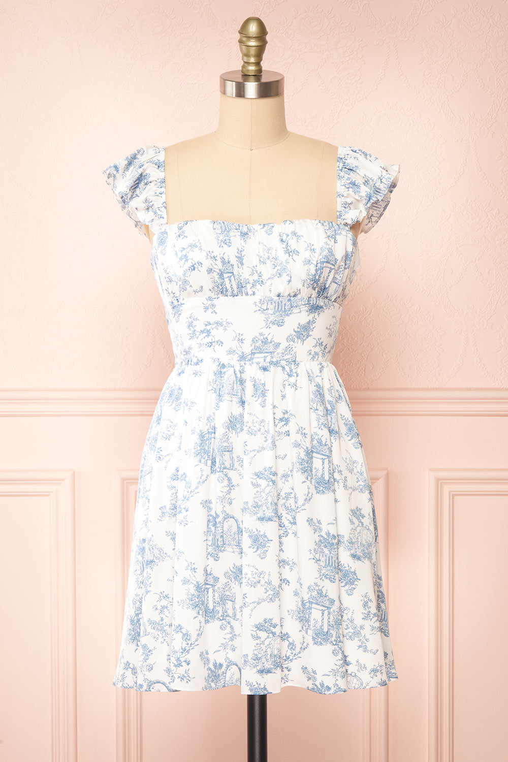 Thalia Short White & Blue Patterned Dress | Boutique 1861 front view