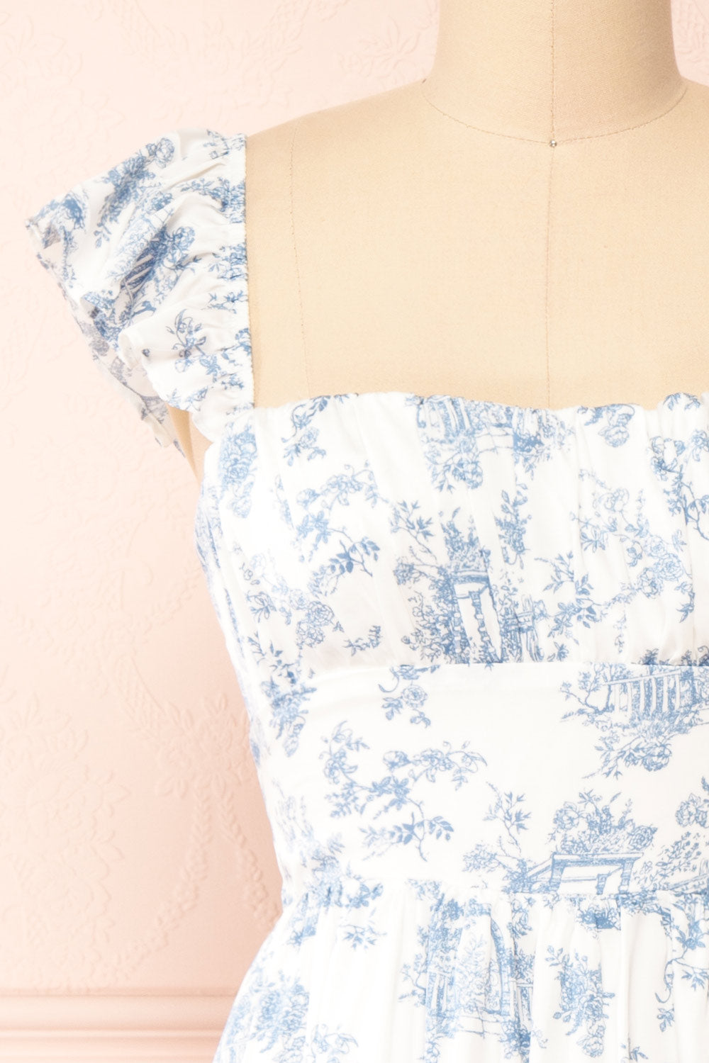 Thalia Short White & Blue Patterned Dress | Boutique 1861 front close-up