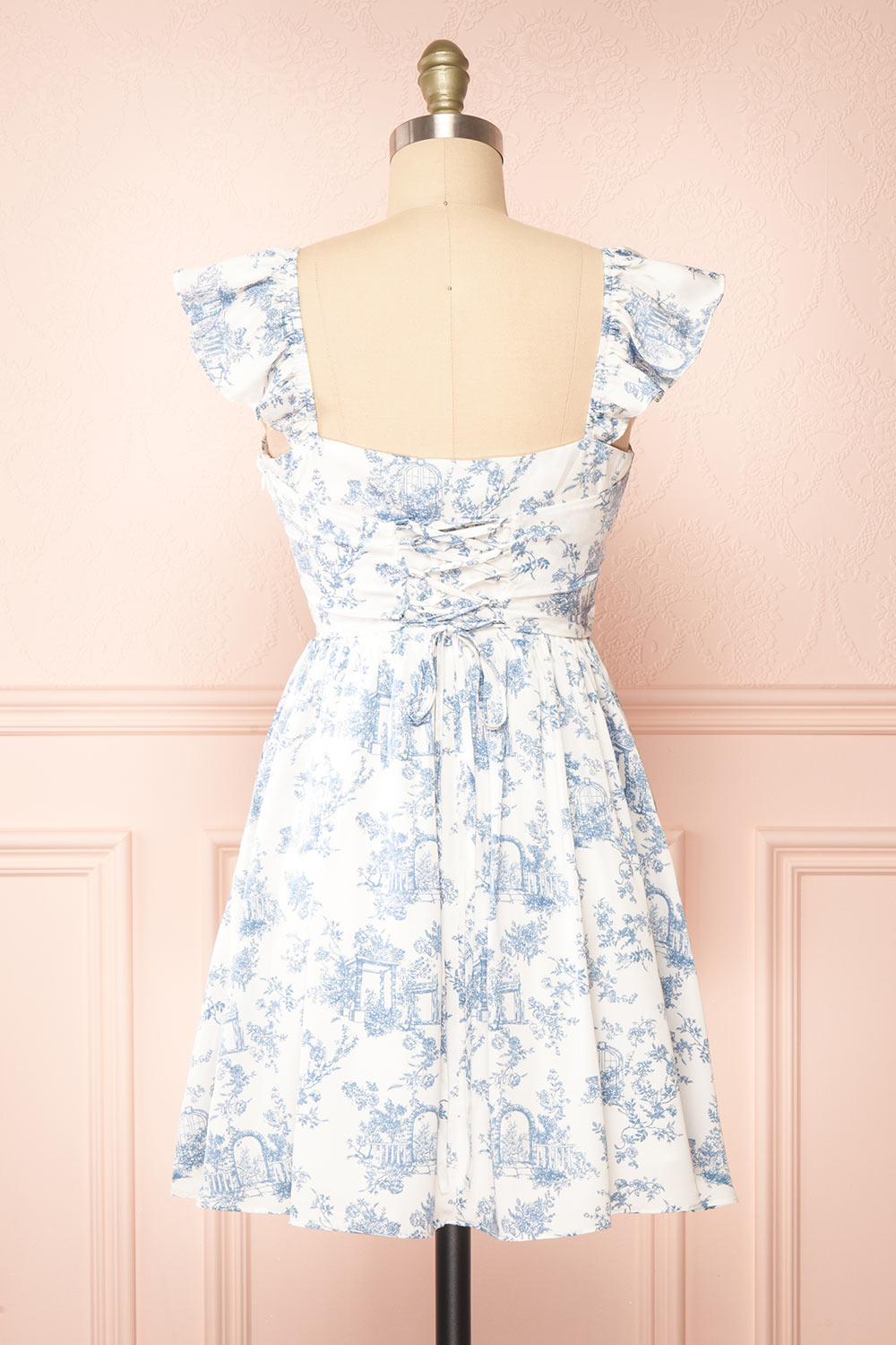 Thalia Short White & Blue Patterned Dress | Boutique 1861 back view