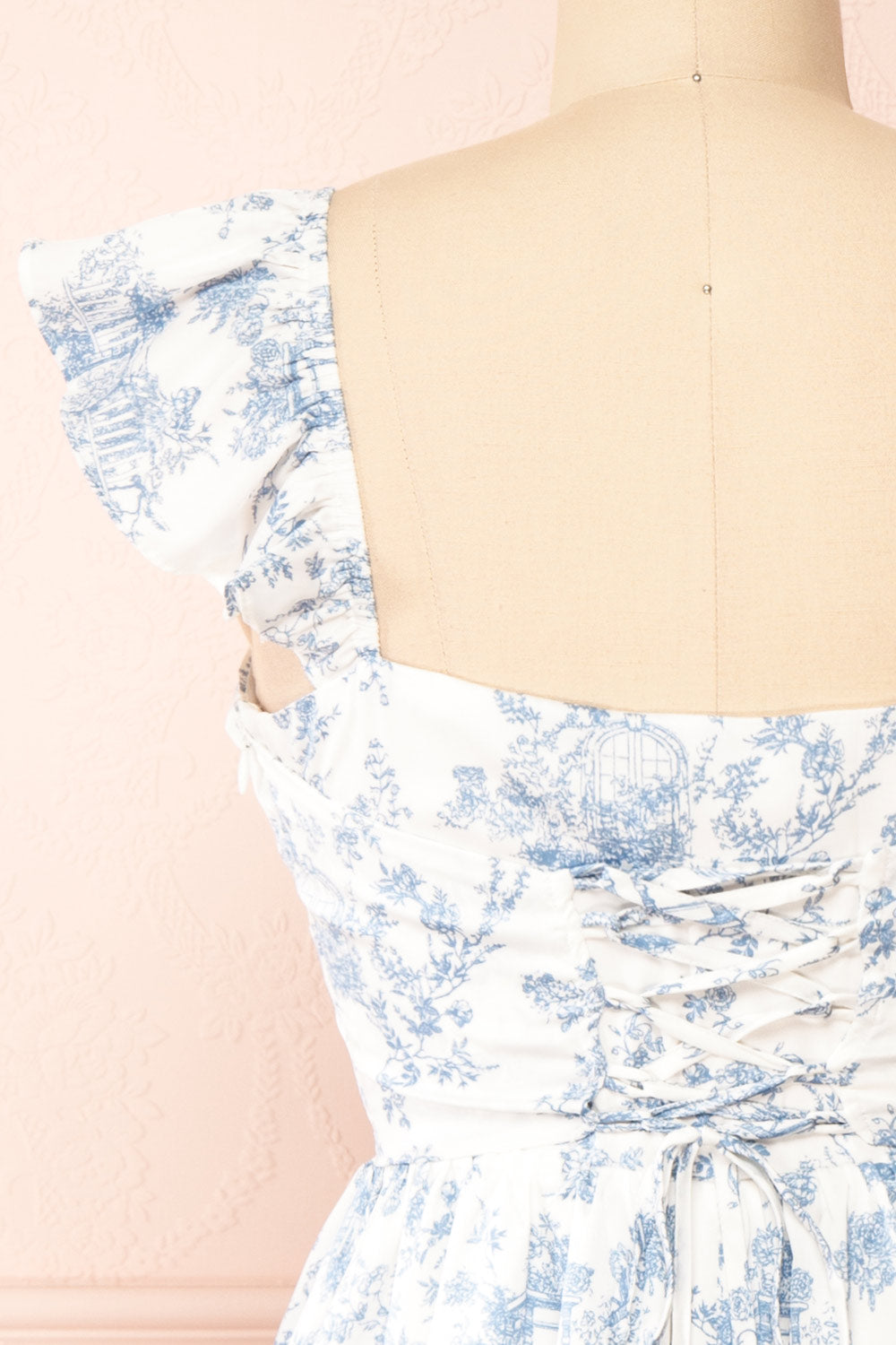 Thalia Short White & Blue Patterned Dress | Boutique 1861 back close-up