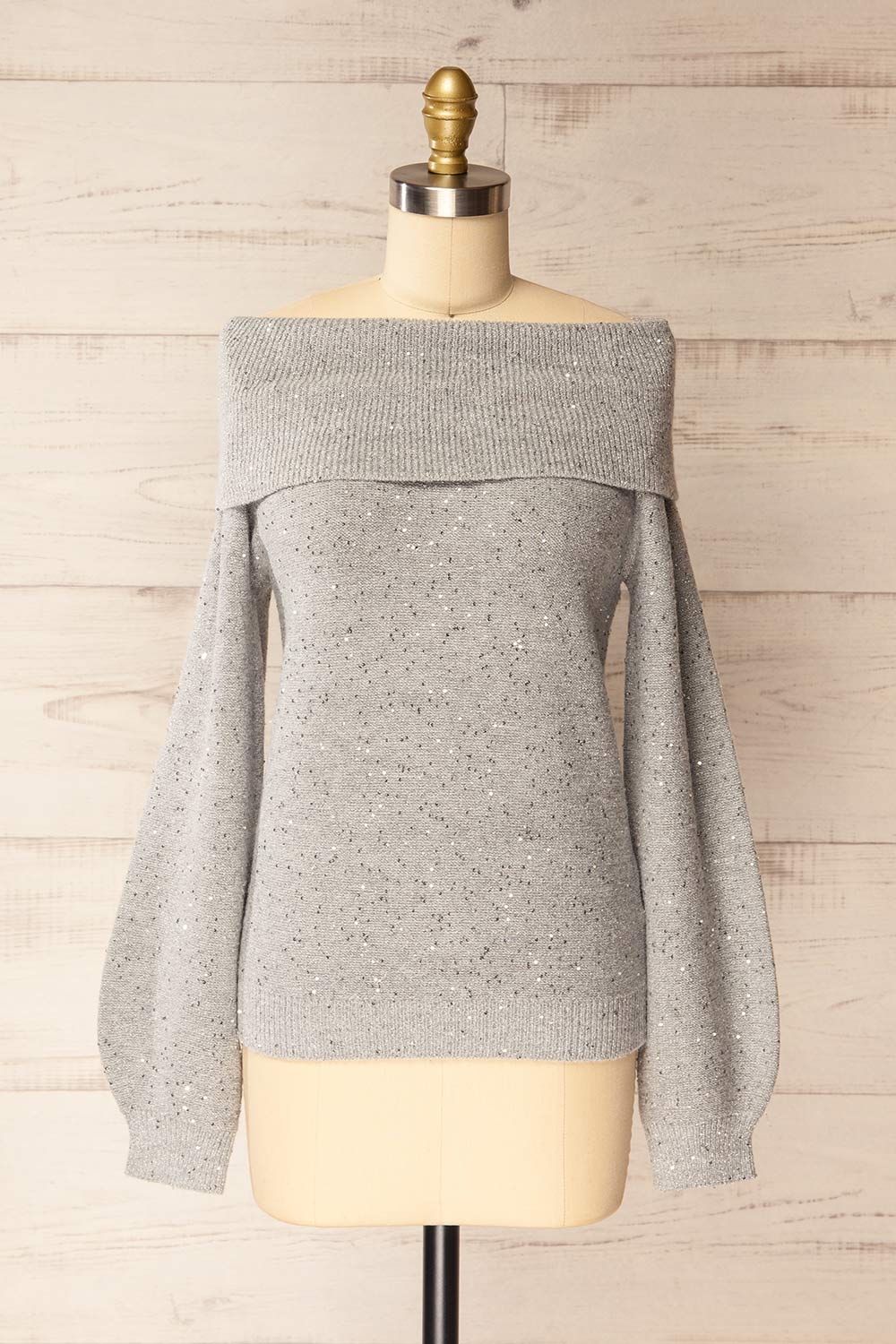 Thaloura Grey Off-Shoulder Sweater with Sequins | La petite garçonne front view