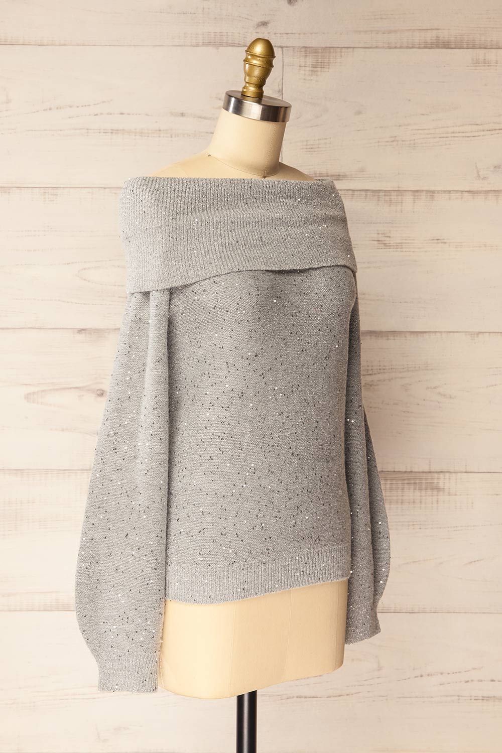 Thaloura Grey Off-Shoulder Sweater with Sequins | La petite garçonne side view 