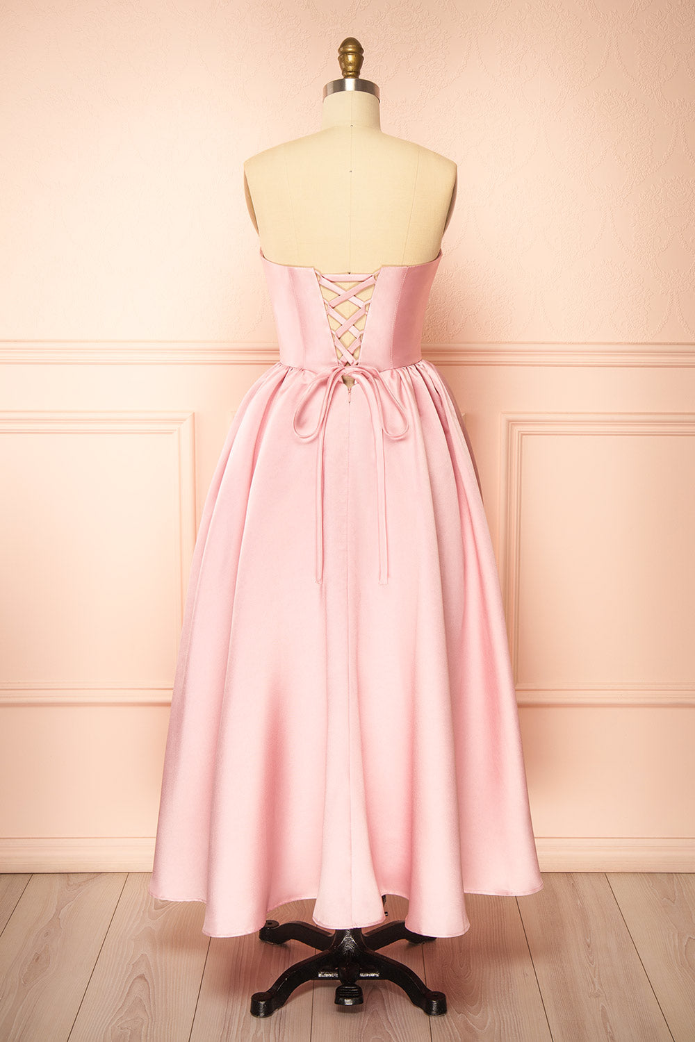 Thalya Blush Long Satin Dress with Fitted Bodice and Pockets | Boutique 1861 back view