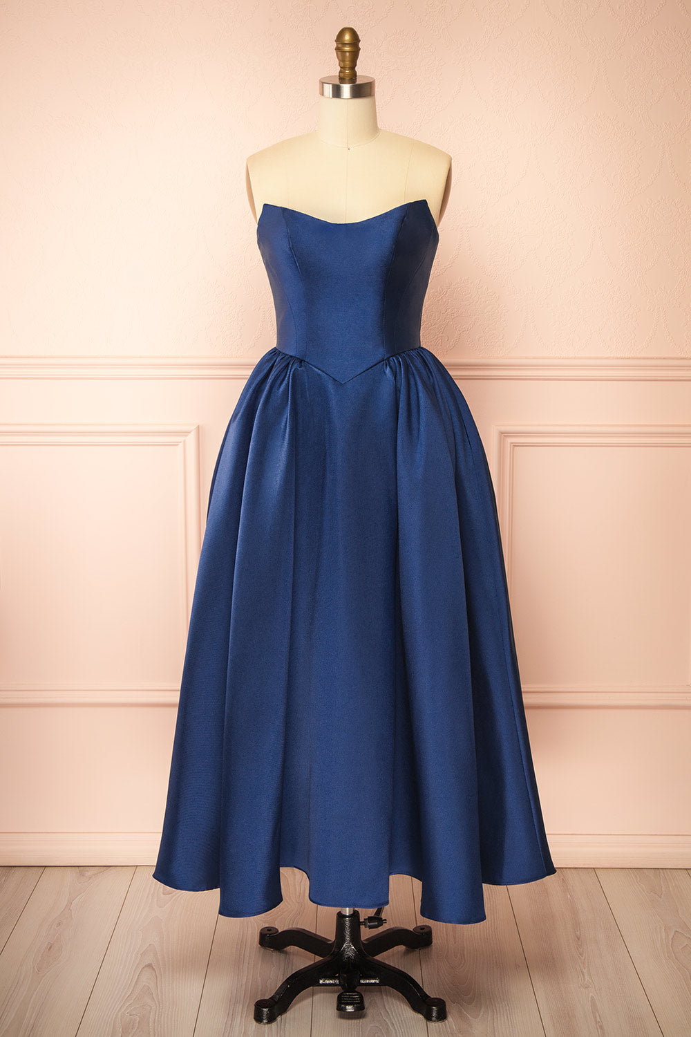 Thalya Navy Long Satin Dress with Fitted Bodice and Pockets | Boutique 1861 front view