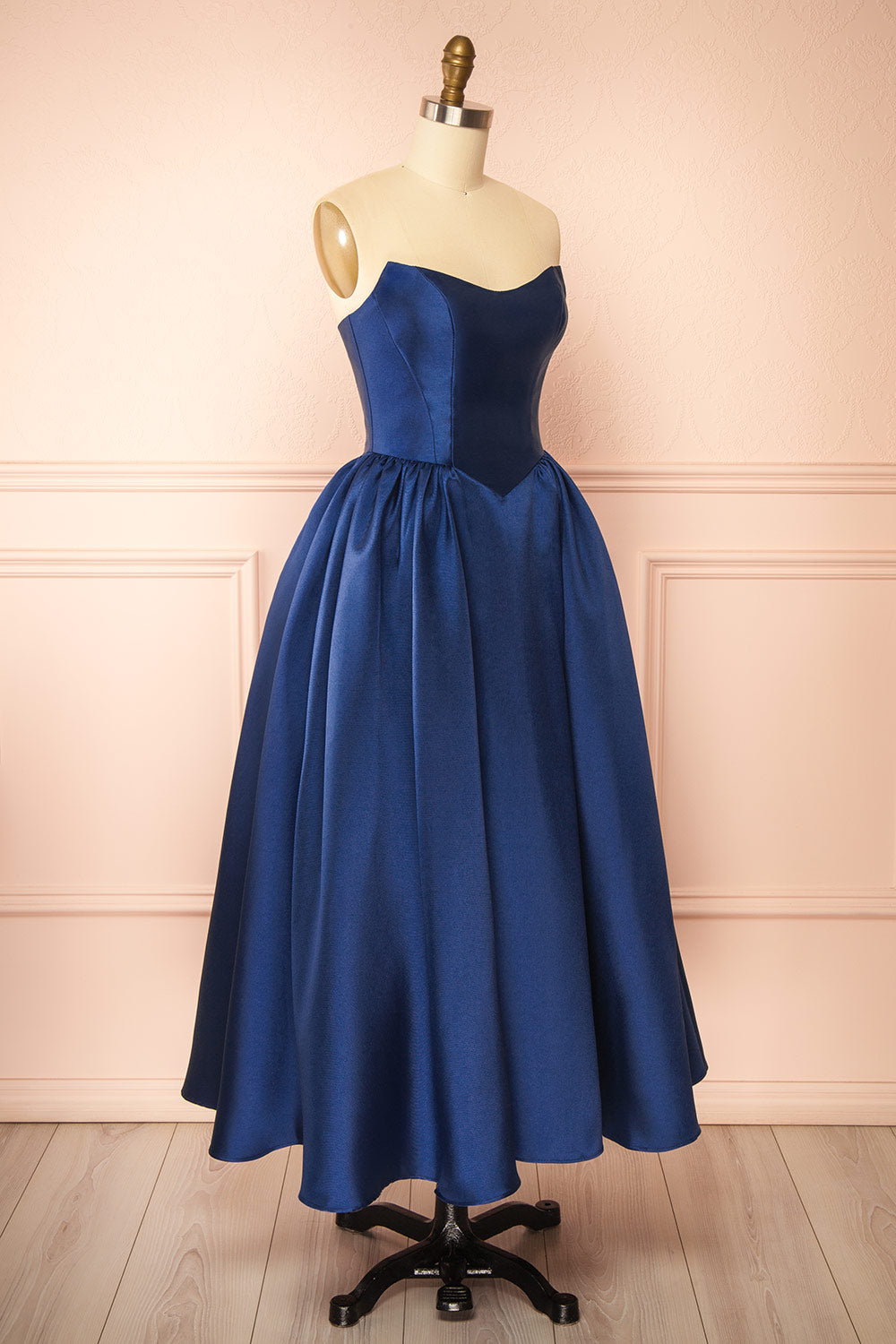 Thalya Navy Long Satin Dress with Fitted Bodice and Pockets | Boutique 1861 side view