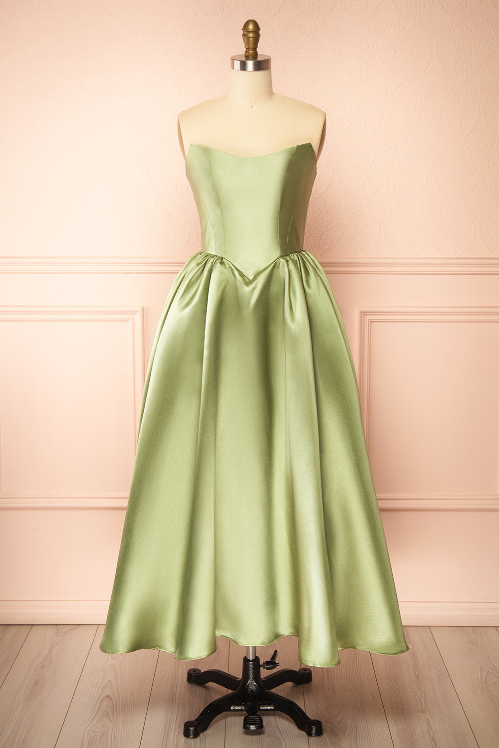 Thalya Sage Long Satin Dress with Fitted Bodice and Pockets | Boutique 1861