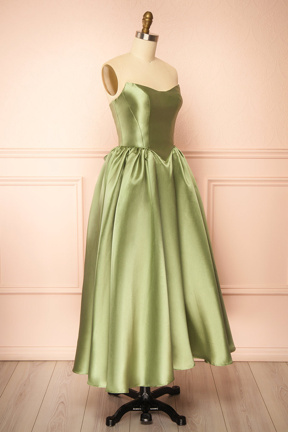 Thalya Sage Long Satin Dress with Fitted Bodice and Pockets | Boutique 1861 side view