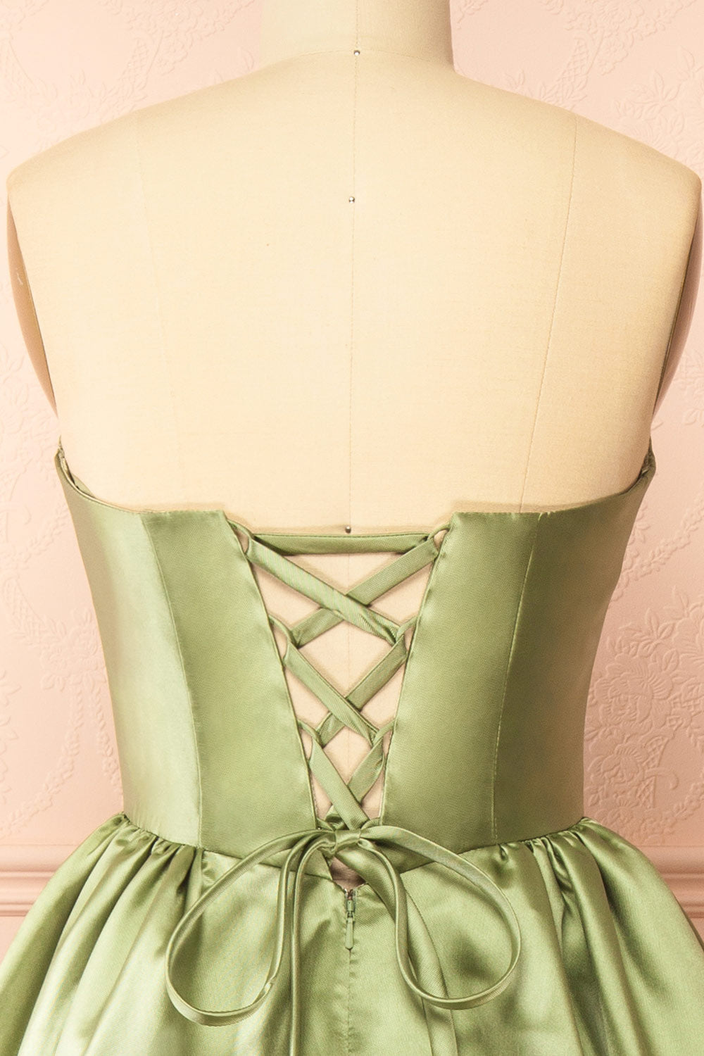 Thalya Sage Long Satin Dress with Fitted Bodice and Pockets