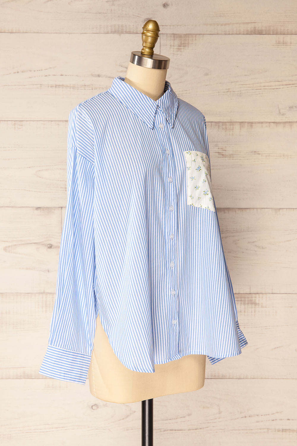 Thame Blue Striped Shirt with Floral Pocket | La petite garçonne side view