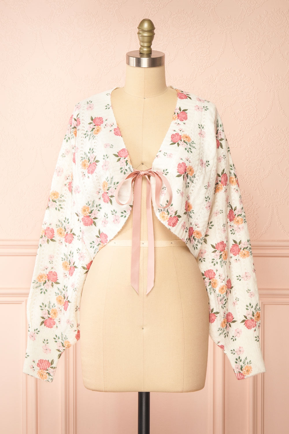 Thekia Ivory Cropped Floral Knit Cardigan | Boutique 1861 front view