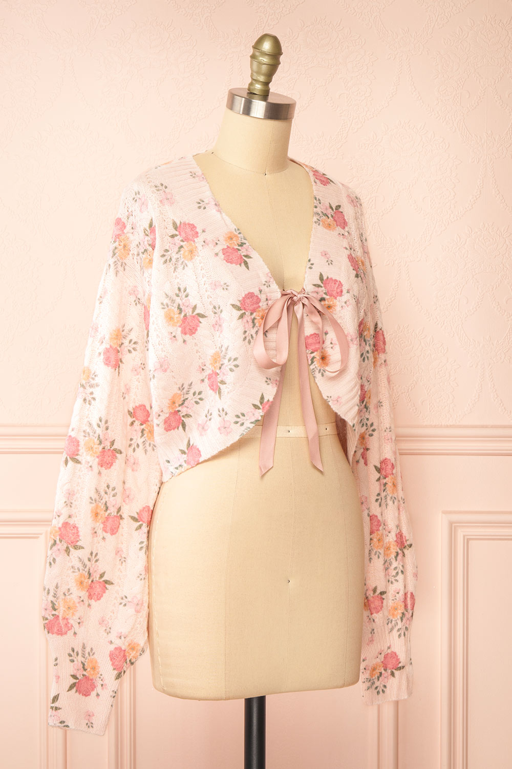 Thekia Pink Cropped Floral Knit Cardigan | Boutique 1861  side view