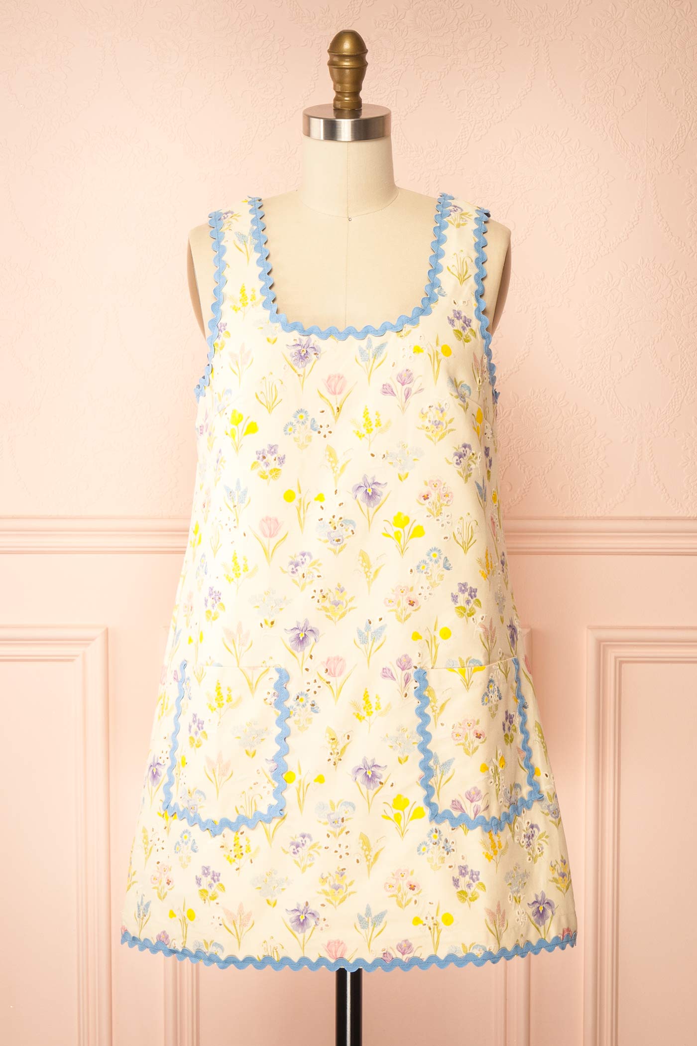 Front view of Thessalia Beige Floral Short Dress with Pockets at boutique 1861