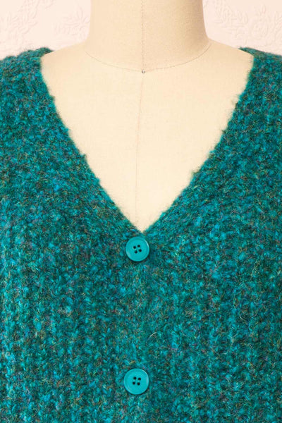 Thessi Green Button-Up Thick Knit Cardigan | Boutique 1861 front close-up