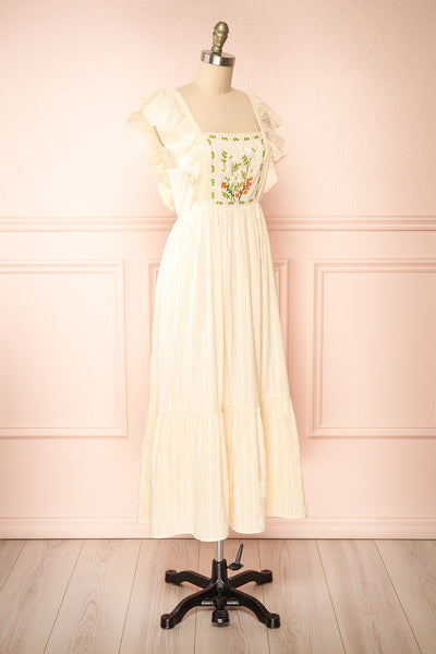 Thora Beige Midi Dress w/ Floral Embroidery | Boutique 1861 side view