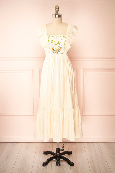 Thora Beige Midi Dress w/ Floral Embroidery | Boutique 1861 front view