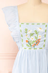 Thora Blue Midi Dress w/ Floral Embroidery | Boutique 1861 front close-up