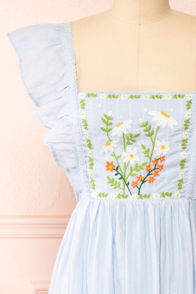 Thora Blue Midi Dress w/ Floral Embroidery | Boutique 1861 front close-up