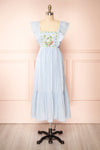 Thora Blue Midi Dress w/ Floral Embroidery | Boutique 1861 front view