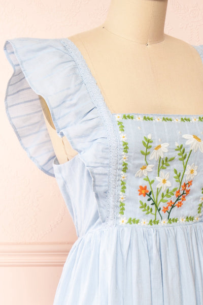 Thora Blue Midi Dress w/ Floral Embroidery | Boutique 1861 side close-up