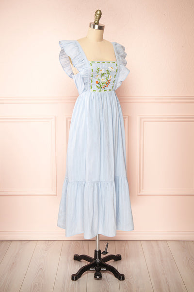 Thora Blue Midi Dress w/ Floral Embroidery | Boutique 1861 side view