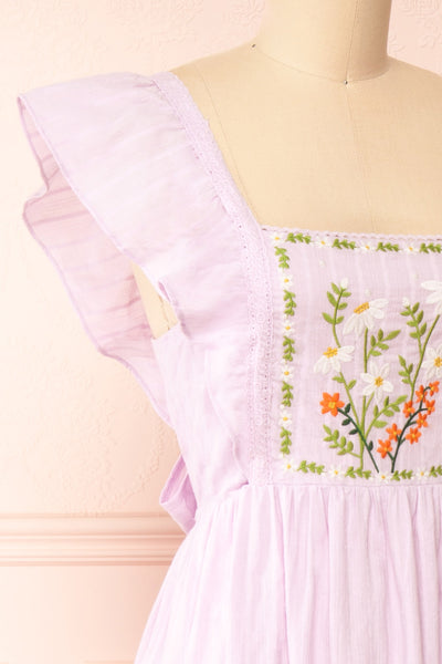 Thora Lilac Midi Dress w/ Floral Embroidery | Boutique 1861 side close-up