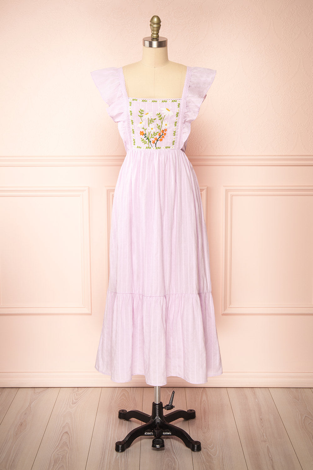 Thora Lilac Midi Dress w/ Floral Embroidery | Boutique 1861 front view