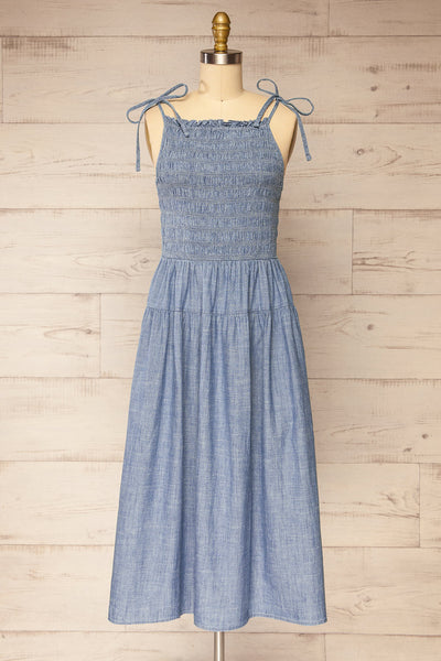 Tiannah Blue Denim Midi Dress with Pockets | La petite garçonne