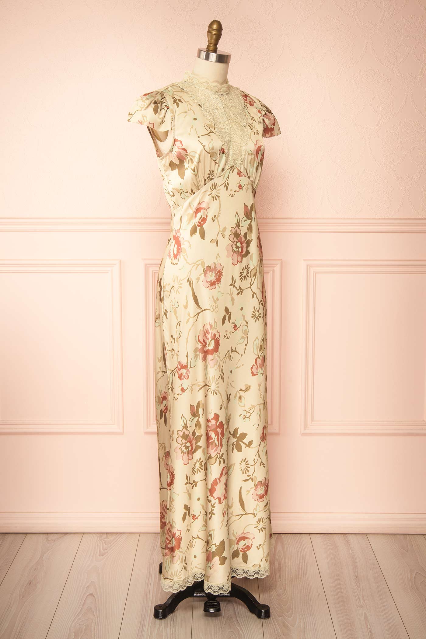 Tieran Sage Floral Satin Maxi Dress with Lace | Boutique 1861 side 