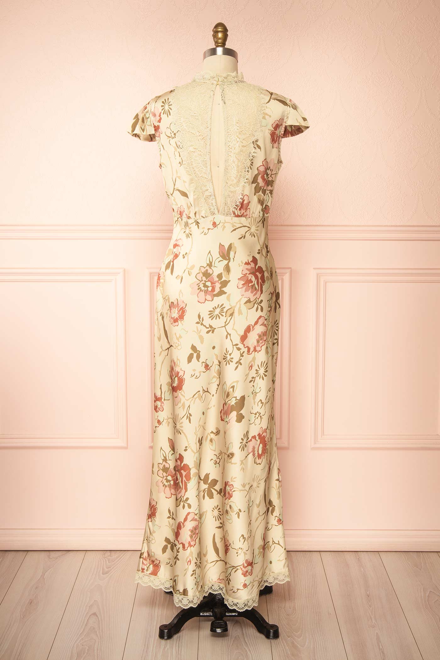Tieran Sage Floral Satin Maxi Dress with Lace | Boutique 1861 back