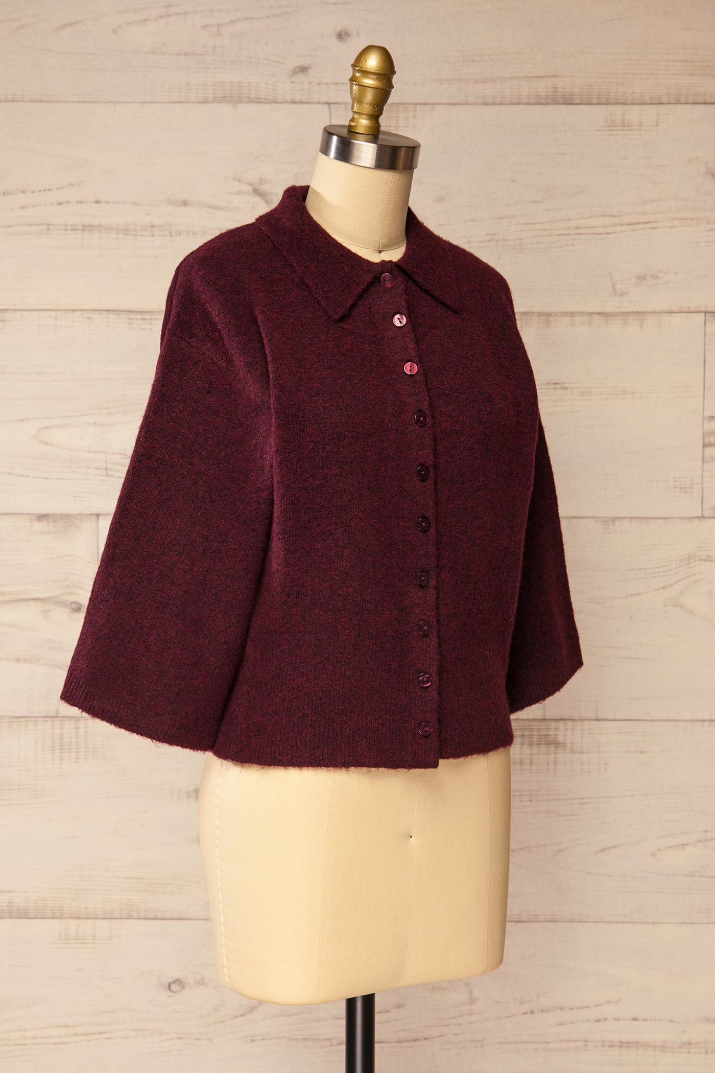 side view of Tierbo Burgundy Cardigan with 3/4 Sleeves at La petite garçonne