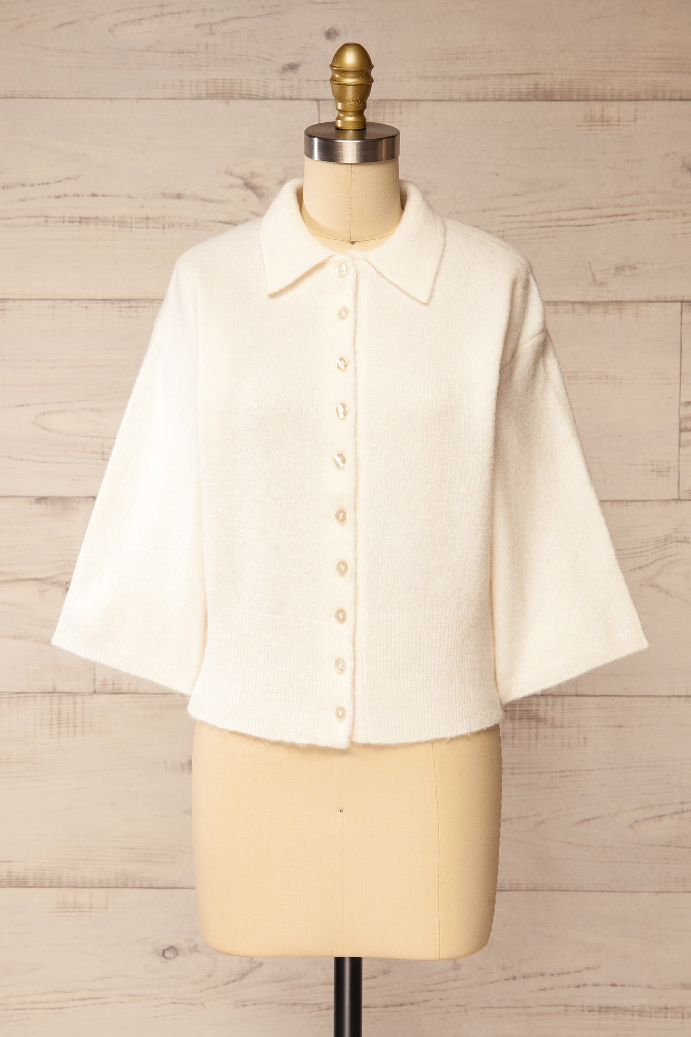 front view of Tierbo Ivory Cardigan with 3/4 Sleeves at La petite garçonne