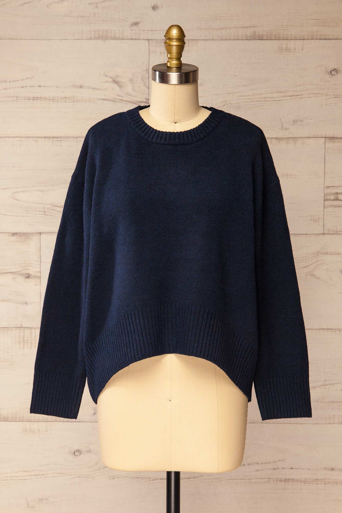 front view of Timboon Navy High-Low Knit Sweater at La petite garçonne