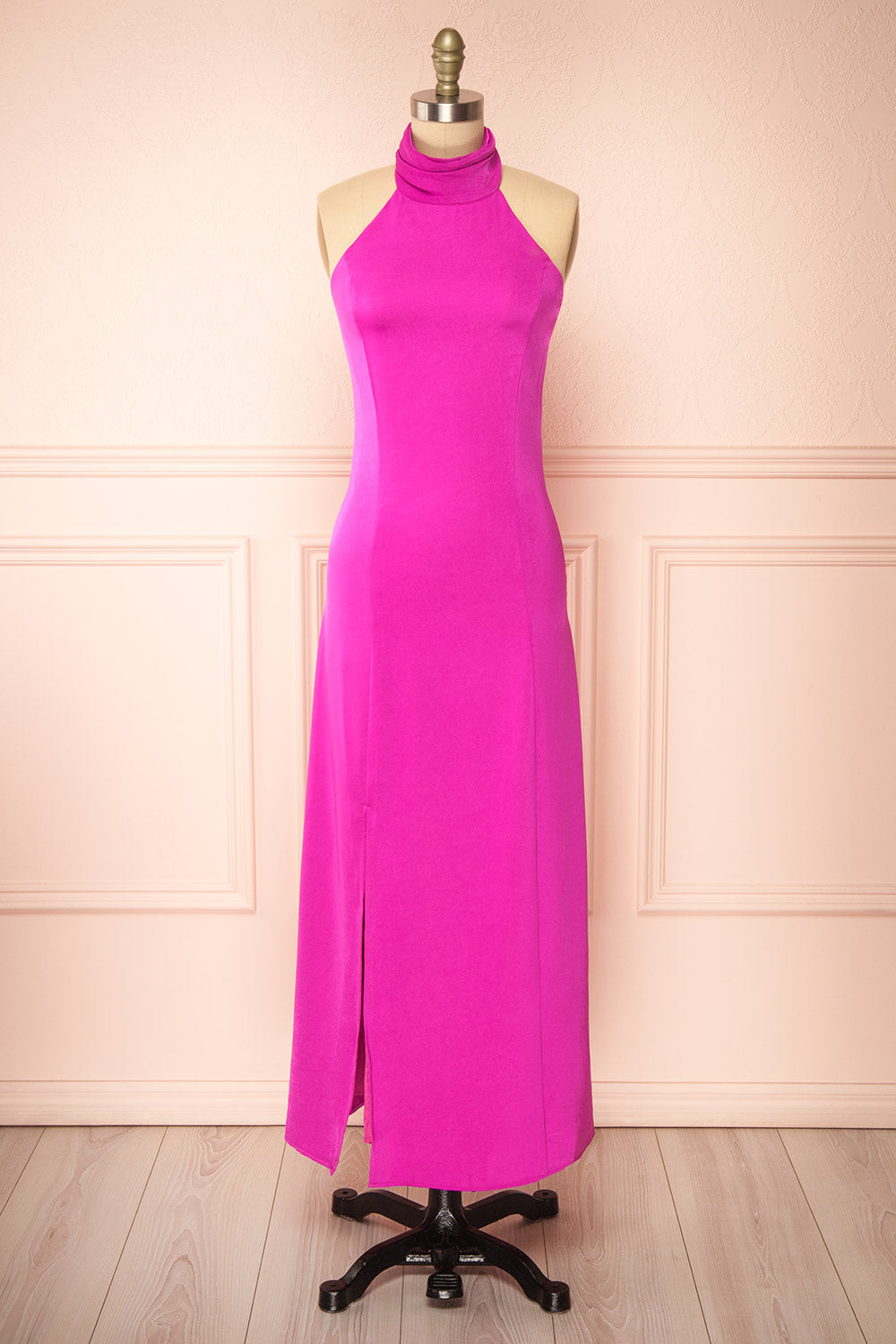 Tirielle Long Fuchsia Satin Dress w/ Slit | Boutique 1861 front view
