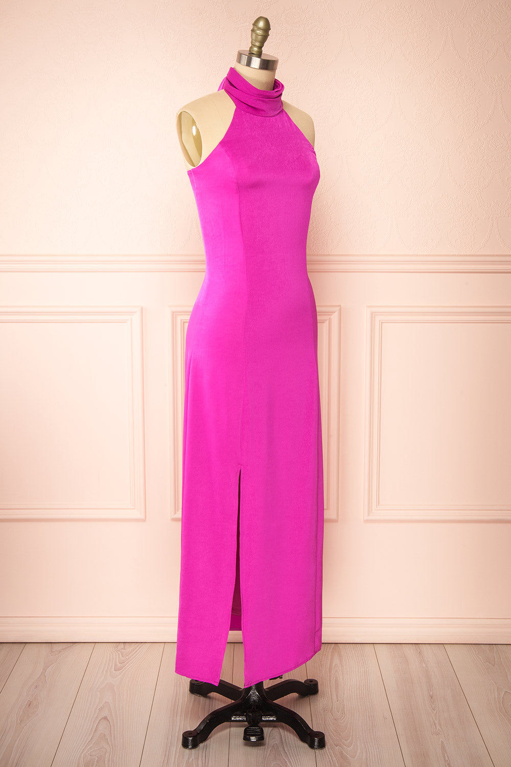 Tirielle Long Fuchsia Satin Dress w/ Slit | Boutique 1861 side view