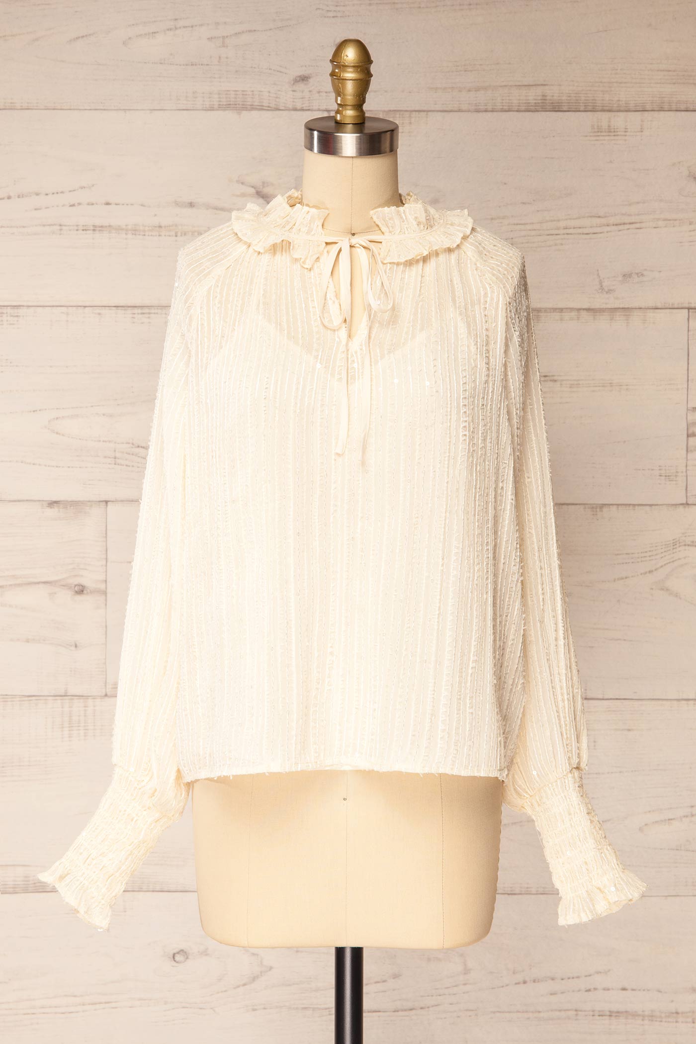 Tobago | Ivory Ruffled Neck Sequin Blouse with Tank Top