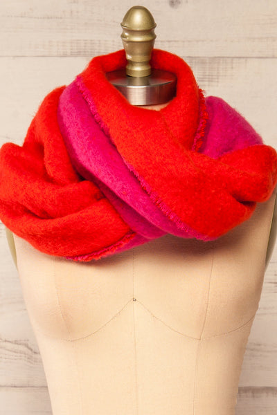 Tostado Soft Fuzzy Knitted Pink & Red Scarf | La petite garçonne front close-up