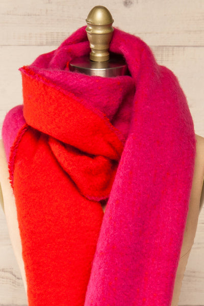 Tostado Soft Fuzzy Knitted Pink & Red Scarf | La petite garçonne close-up