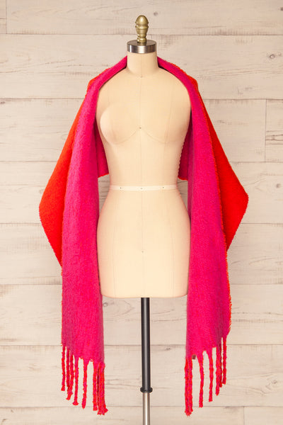 Tostado Soft Fuzzy Knitted Pink & Red Scarf | La petite garçonne shawl view