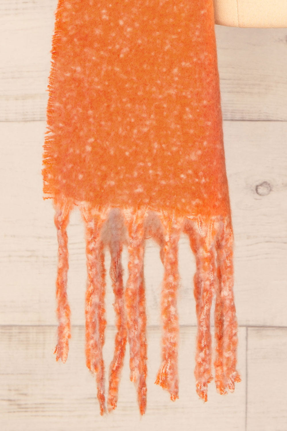 Tostado Orange Soft Fuzzy Knitted Scarf | La petite garçonne fringe close-up