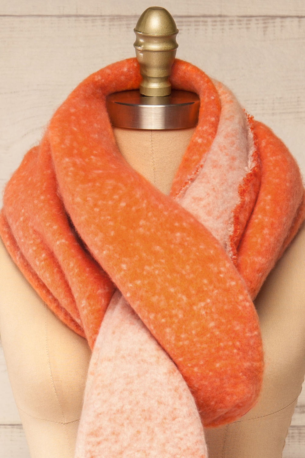 Tostado Orange Soft Fuzzy Knitted Scarf | La petite garçonne wrapped close-up